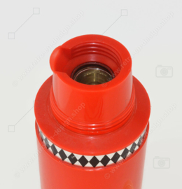 Vintage red 70s thermos with checkered decoration and with black details