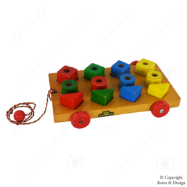 Vintage Wooden Nooitgedagt Pull Cart with Colored Blocks