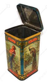 Boîte à bonbons vintage pour caramels (Toffees) de Van Melle avec diverses images d'oiseaux d'ornement tels que l'oiseau de paradis, l'ara et le paon