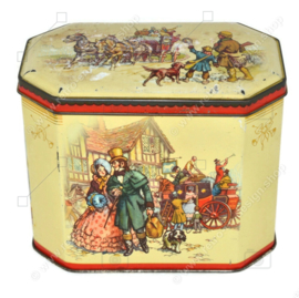 Vintage tin depicting a carriage and coachman with four horses and passengers