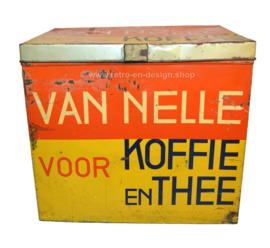 Large rectangular Van Nelle storage tin for coffee and tea in yellow, red and black