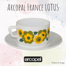 Arcopal Lotus soup bowl in yellow/green floral pattern + saucer