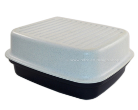Caja de pan Tupperware vintage o caja de panadería moteada azul / blanco
