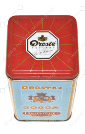 Lata vintage cuadrada de Droste para pastillas de chocolate con imágenes del compartimento del tren y flamencos