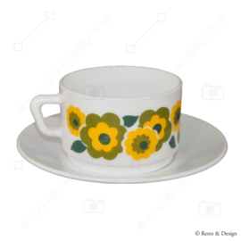 Arcopal Lotus soup bowl in yellow/green floral pattern + saucer