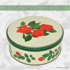 Weiße runde Dose mit grünem Rand und Bild von roten Rosen für TOMADO