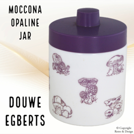 "Vintage Opaline Mocha storage jar, purple with images of mushrooms