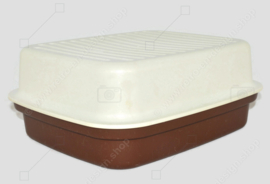 Caja grande de pan Tupperware vintage o caja de panadería marrón oscuro con tapa blanca crema 'Bread Stor N Serve'