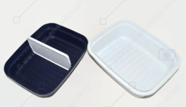 Vintage Tupperware "Cracker Server" con divisor, en azul oscuro y blanco con motas