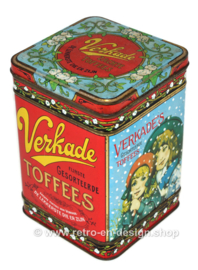 Vintage Blechdose "Feinste sortierte Toffees" von Verkade mit Mädchen, die Toffee essen