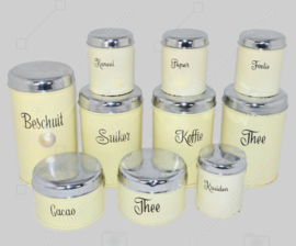 TEN vintage tin canisters for rusks, coffee, tea, sugar cocoa and spices manufactured by Brabantia ca. 1955-1965