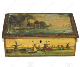 Rectangular vintage tin made by Petten Wormerveer for cocoa powder. Windmills and houses of the Zaanse Schans