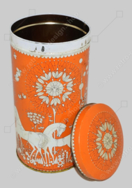 Boîte à biscottes vintage de Verkade en orange et blanc avec des chevaux, des arbres et des fleurs stylisés...