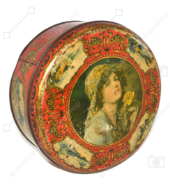 Vintage groot antieke ronde blikken toffee- biscuit- of snoeptrommel van Van Melle