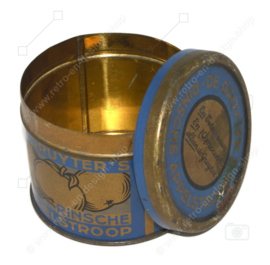 Blue with gold-coloured striped vintage tin with apples for Rinsche Appelstroop (apple syrup) made by De Gruyter