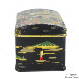 Boîte en métal japonaise vintage avec des images emblématiques d'un homme et d'une femme, du Mont Fuji, des pagodes et plus encore