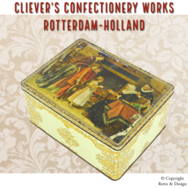 "Authentique Boîte de Bonbons Vintage au Caramel - Cliever's Rotterdam : Art et Histoire Enveloppés d'Or"