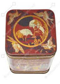 Vintage red-brown English tea tin with various oriental images