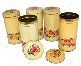 Cream-yellow vintage rusk tin with flowers and crackle motif made by VERKADE