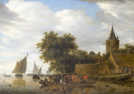 Rectangular cigar tin by Ritmeester with image of the painting "River view with ferry and bastion" by Salomon Jacobsz van Ruysdael