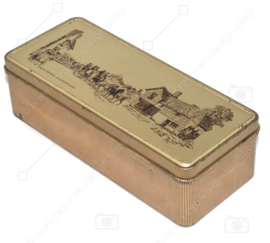 Caja de cuchara o lata de té dorada de Douwe Egberts con carruaje y casa de té