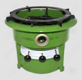 Petroleum set or paraffin burner in reseda green enamelled metal, three-burner with wick. Original putter