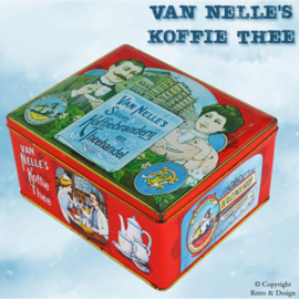 "Herbeleef Nostalgie: Vintage Van Nelle's Stoom Koffiebranderij en Theehandel Blikken Trommel"