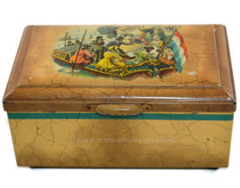 Vintage tin by Douwe Egberts for Pickwick tea with boat docking at a coffee and tea house