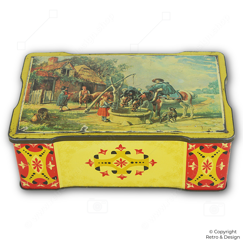 Lata Vintage de Casa Rural con Tapa Abatible | Lata Antigua Decorativa 1920–1970