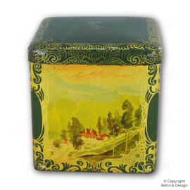 Vintage grüne Co-op-Teedose in Würfelform mit goldenen Verzierungen (1930–1950)