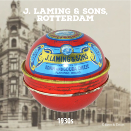 Caja de metal esférica roja, en forma de bola de queso Edam de J. Laming & Sons, Rotterdam
