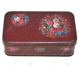 Lata vintage rectangular rojo oscuro con estampado de flores multicolores y crujido