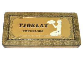 Rectangular tin box with an oriental woman with a bowl of cocoa beans for chocolate by Tjoklat-Fabriek N.V. Amsterdam.