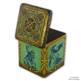 Albert Heijn Vintage Tea Tin – Square Cube, Gold with Oriental Woman