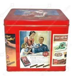 Large red square retro Douwe Egberts Coffee tin with nostalgic D.E. advertisements