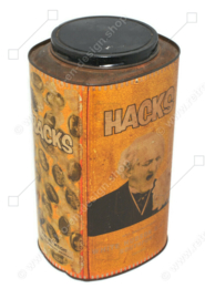 Large weathered vintage HACKS tin with beautiful patina and image of a sneezing man