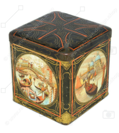 Square vintage cocoa tin in cube shape with images of Venice for C.J. VAN HOUTEN
