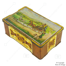 "Enchanting Vintage Tin: An English Carriage Ride on an Elegant Scalloped Drum from 1920-1970"