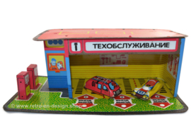 Alte vintage russische Zinn Spielzeug Garage mit Autos