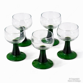 Copas Römer Luminarc Vintage Set de 5 – Cristal con Pie Verde – Francia Años 70/80 – Copas Aperitivo / Postre