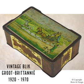 Rectangular vintage tin with a carriage, two horses, a gentleman with top hat, and two dogs