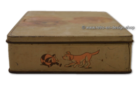 Jacques Superchocolat, antique tin drum with child and cocker spaniel