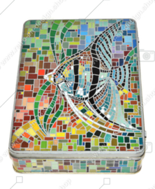 Rectangular vintage tin with a mosaic-like image of an angelfish