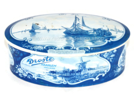 Ovale vintage blikken chocoladetrommel in Delftsblauw voor DROSTE