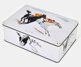 Vintage tin by Van Melle with an image of horses and jockeys