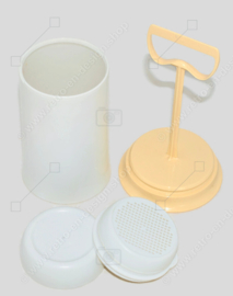 1989er Vintage weißer Tupperware Puderzucker oder Mehlsieb mit gelben Details