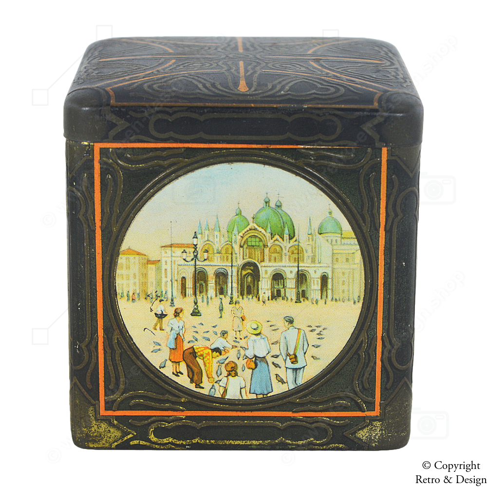 Vintage Van Houten Dose – Würfelförmig mit farbenfrohen Venedig-Motiven