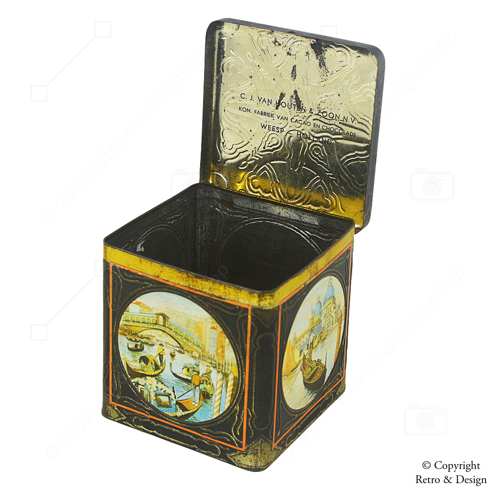 Vintage Van Houten Dose – Würfelförmig mit farbenfrohen Venedig-Motiven