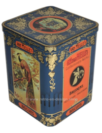 Vintage tin by Van Melle biscuits with images of different tropical birds on three sides