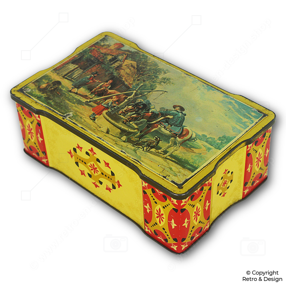Lata Vintage de Casa Rural con Tapa Abatible | Lata Antigua Decorativa 1920–1970